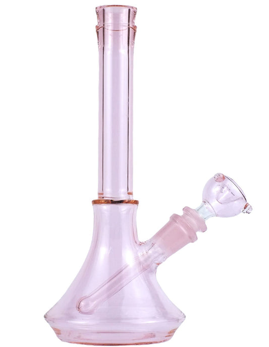 A pink glass water bong pipe with a beaker-shaped base and a narrow top, featuring a clear glass bowl and a pink stem.