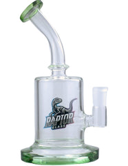 A glass water pipe with a logo of a dinosaur on the side, with water inside and a clear base.