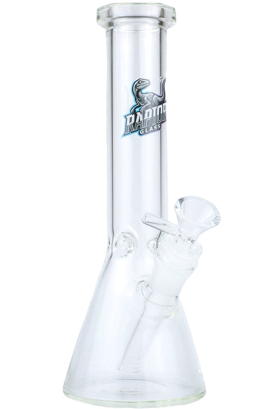 A clear beaker glass water pipe with a straight neck and a branded logo on the side, featuring a bowl at the top and a mouthpiece at the bottom.