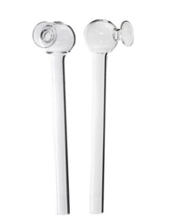 Two clear glass oil burner pipes with wide open end bowls, one with a pink interior, displayed against a white background.