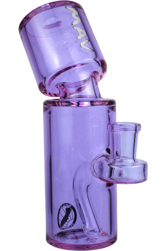 A purple cylindrical glass water pipe with a tilted chamber design and a bowl at the top.