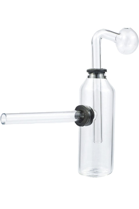 A small clear glass oil burner pipe with a vial tube shape and a water bubbler pipe attached.