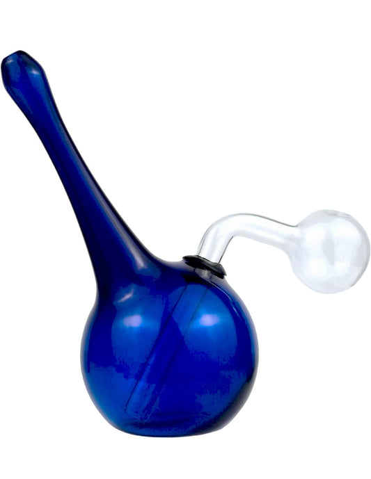 This image features a handcrafted Gourd Oil Burner Water Pipe, distinguished by its unique gourd-shaped body and sleek, elongated blue glass tube. The water pipe is approximately 6 inches high and showcases a striking blue color with a contrasting clear bubble chamber that enhances its aesthetic appeal.