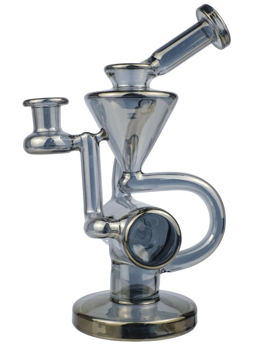 A metallic glass recycler water pipe with a gunmetal color finish, featuring angled tubes and a unique recycler chamber.