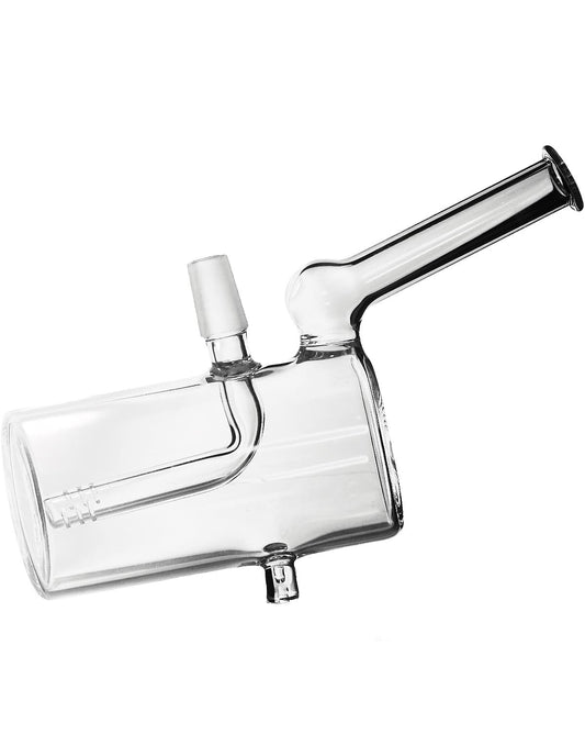 A clear glass cylindrical water pipe with a bent tube and a bowl attachment, designed for smoking.