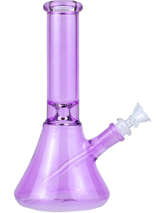 A purple glass beaker bong with a flat base and a bottle neck style ice pinch.
