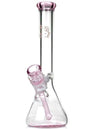A pink Hello Kitty themed glass bong with a wide beaker base and a ice pinch percolator.