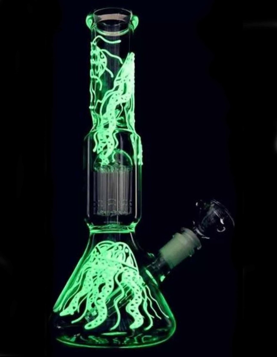Glow jellyfish beaker bong with 18mm joint and 6-arm percolator