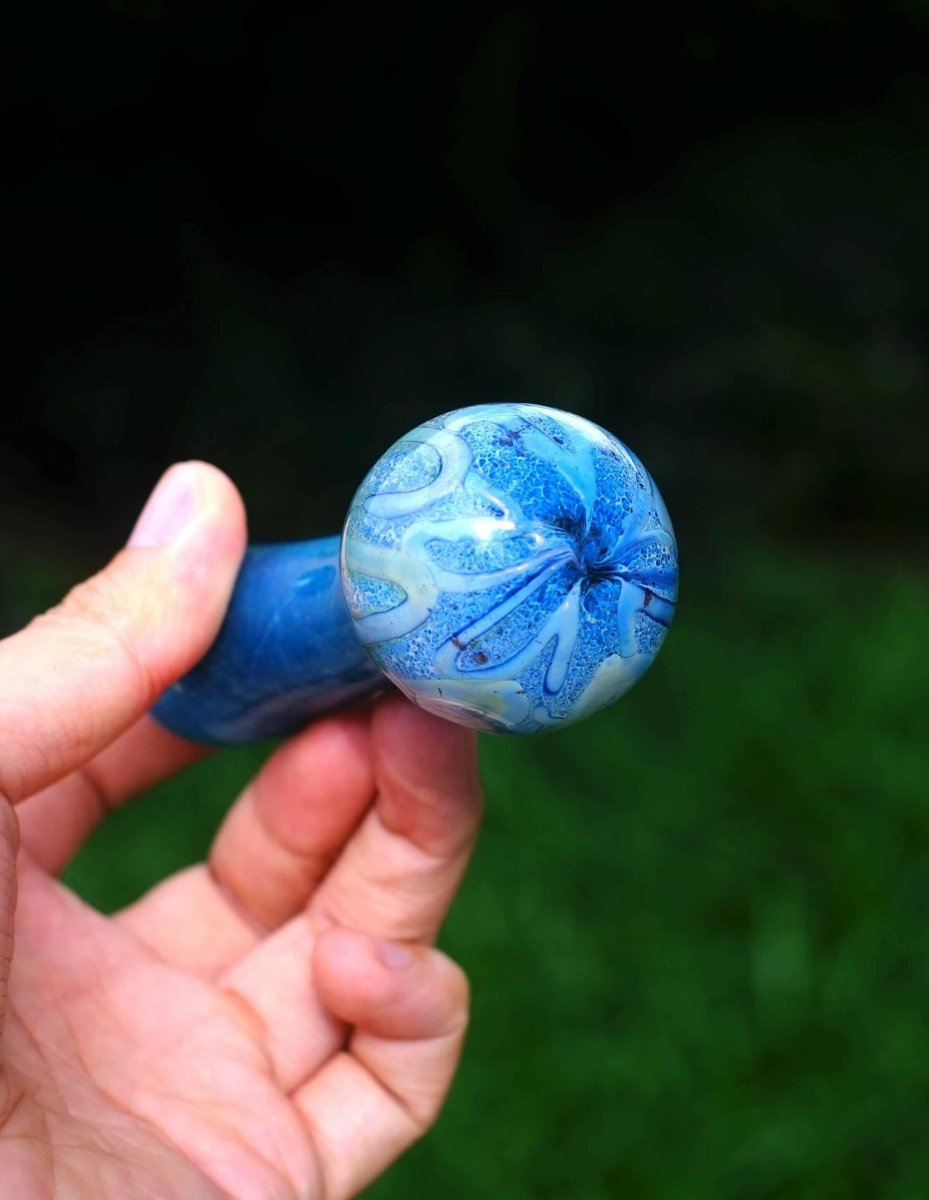 Blue swirl heavy glass hand pipe alternate view