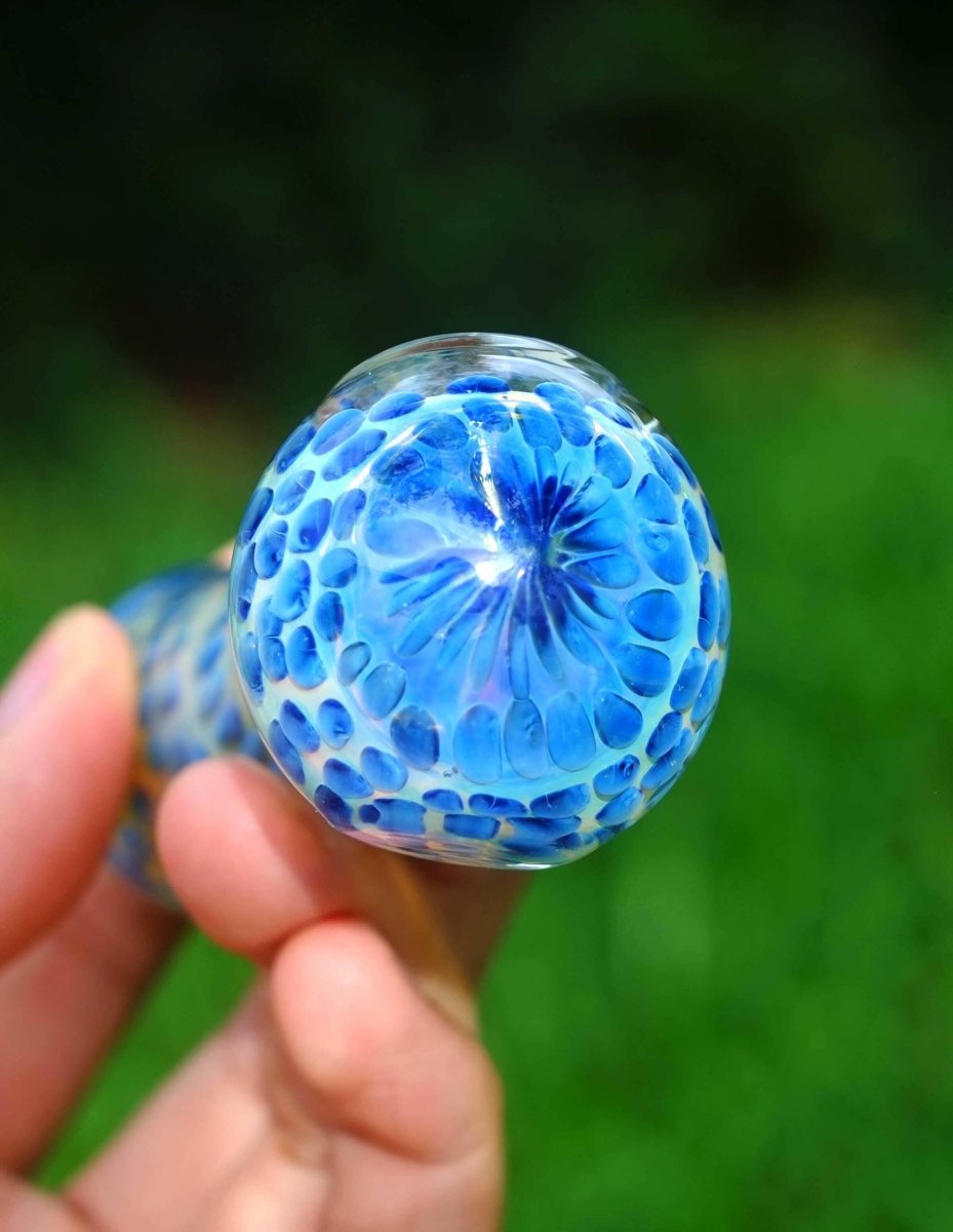 Blue patterned glass hand pipe alternate view
