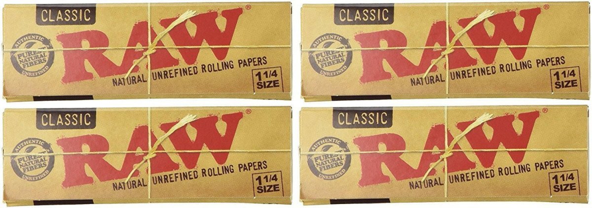 Raw Unrefined Classic 1.25 1 1 - 4 Size Cigarette Rolling Papers, 4 Packs - Simple Glass Pipe