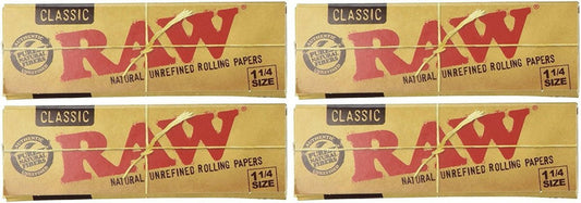 Raw Unrefined Classic 1.25 1 1 - 4 Size Cigarette Rolling Papers, 4 Packs - Simple Glass Pipe