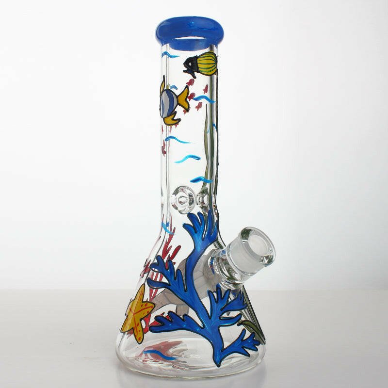 Ocean-themed glass beaker water pipe side angle