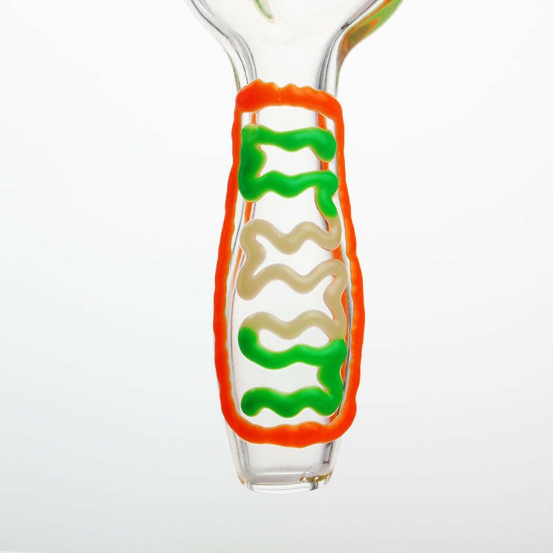 Clear glass hand pipe with orange-blue lines