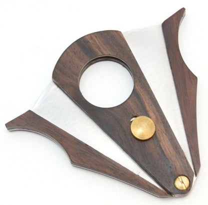 Wood and stainless dual-blade cigar cutter with cut-and-lock design
