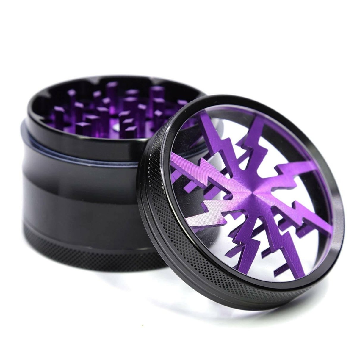 4 Piece 2.5" Aluminum Lightning Pattern Clear Top Herb Grinder - Simple Glass Pipe