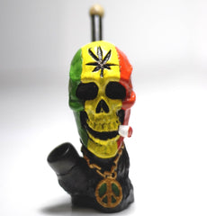 Rasta Skull with Peace sign figured handmade ceramic tobacco pipe - Simple Glass Pipe