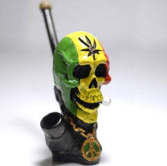 Rasta Skull with Peace sign figured handmade ceramic tobacco pipe - Simple Glass Pipe