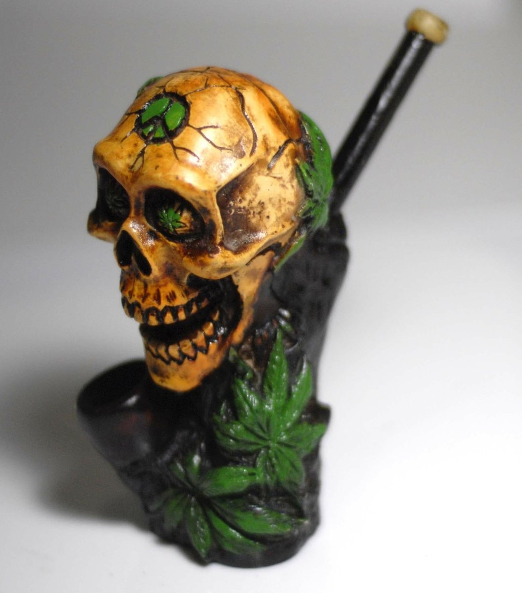 Skull ceramic pipe with green peace-sign alternate view