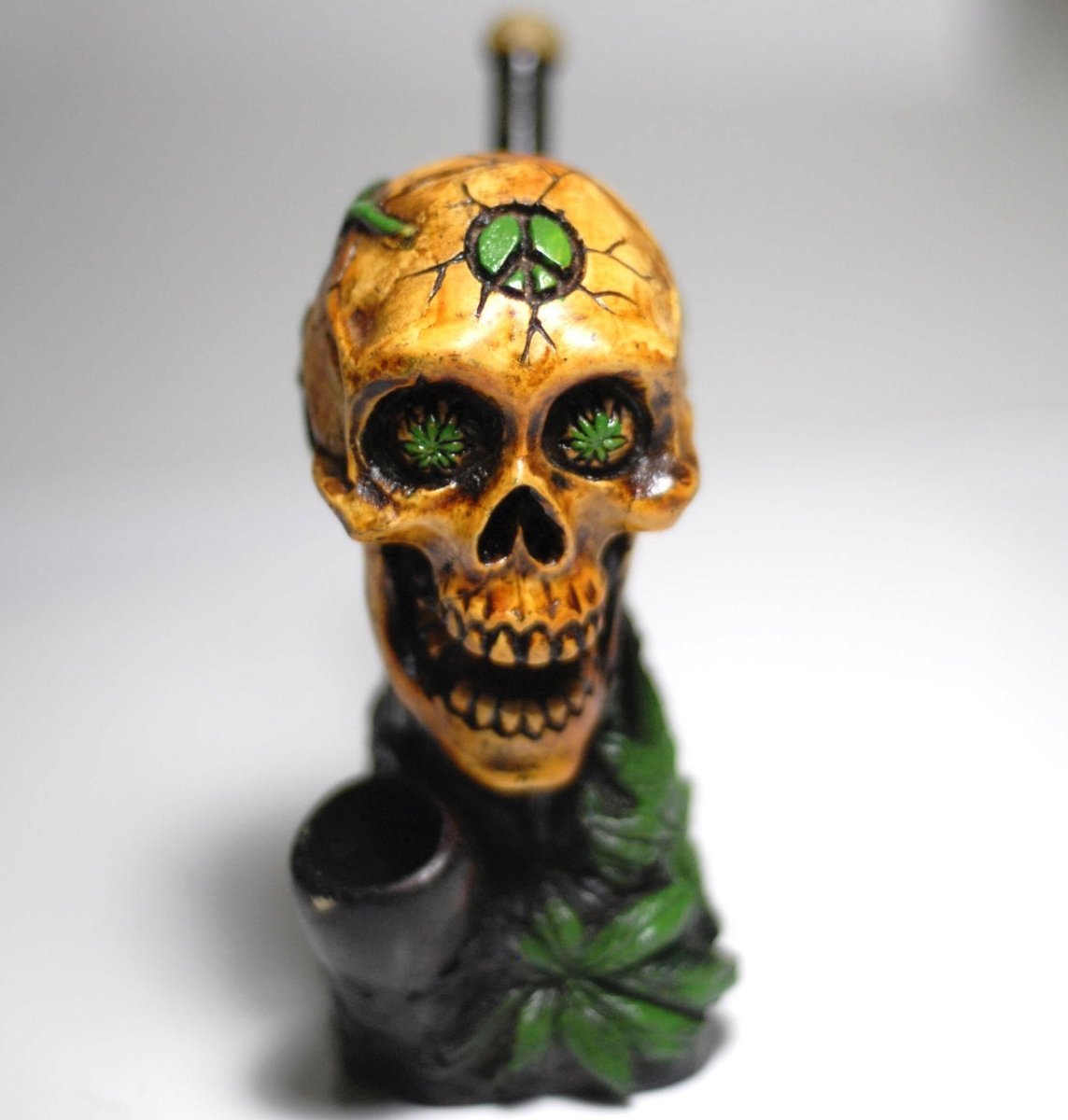 Green peace-sign skull handmade ceramic tobacco pipe