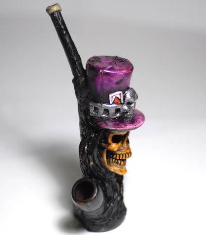 Skull ceramic pipe with purple hat alternate view
