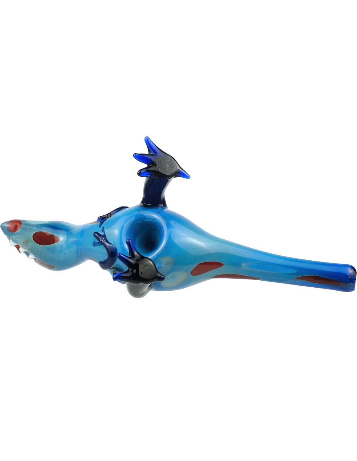 Blue dinosaur glass hand pipe alternate angle
