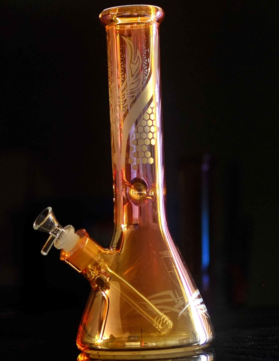 Electroplated orange-yellow beaker bong alternate view