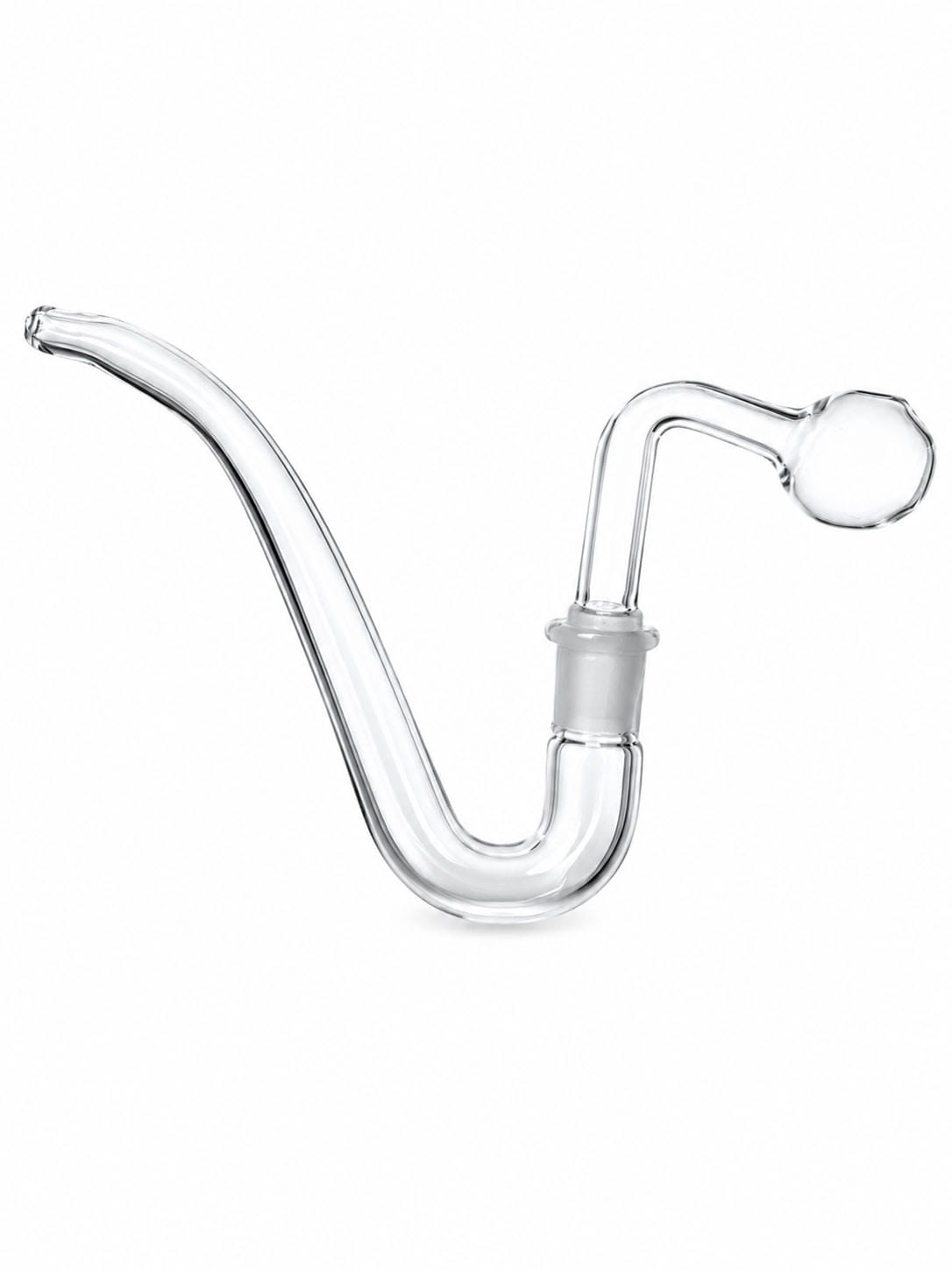 Clear glass water pipe bowl attachment with a curved neck, straight mouthpiece, and spherical bowl, shown on a plain white background.