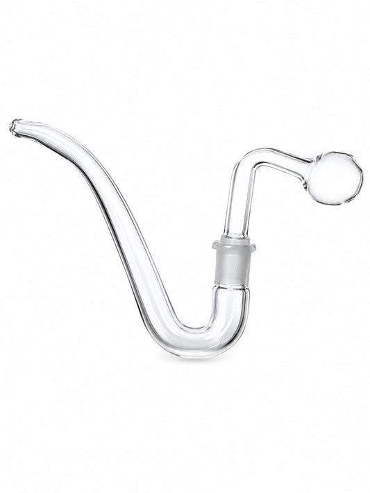 Clear glass water pipe bowl attachment with a curved neck, straight mouthpiece, and spherical bowl, shown on a plain white background.