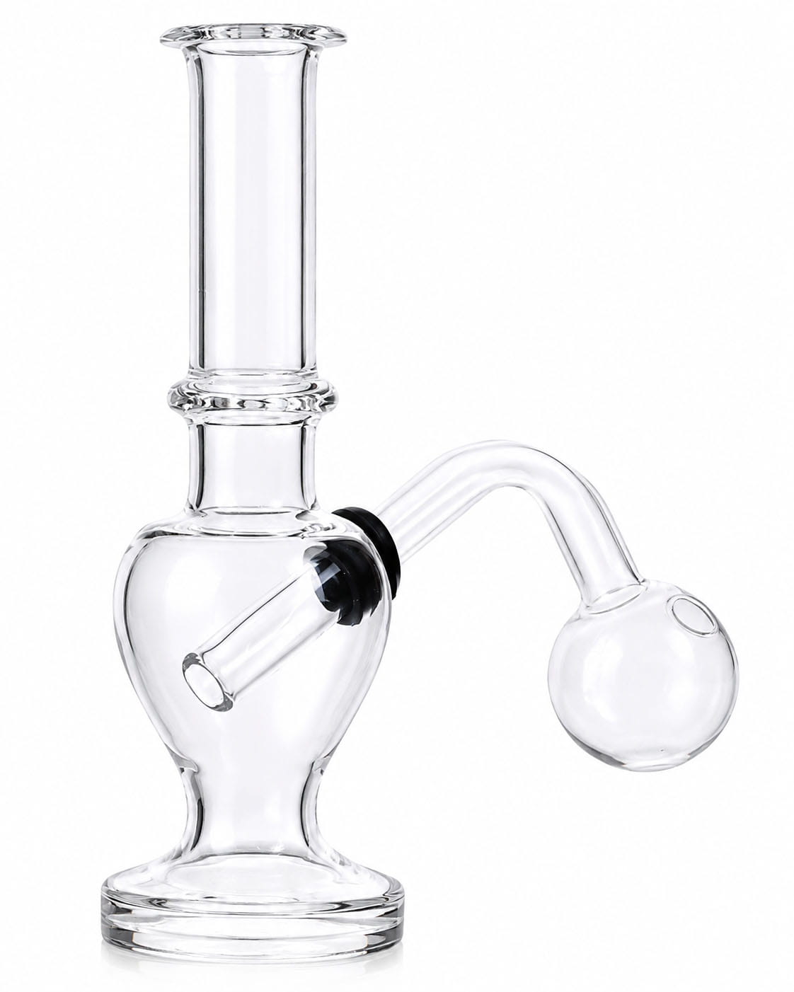 Clear glass water pipe with a straight neck, bulb-shaped base, and curved side arm ending in a bubble bowl, shown on a white background.