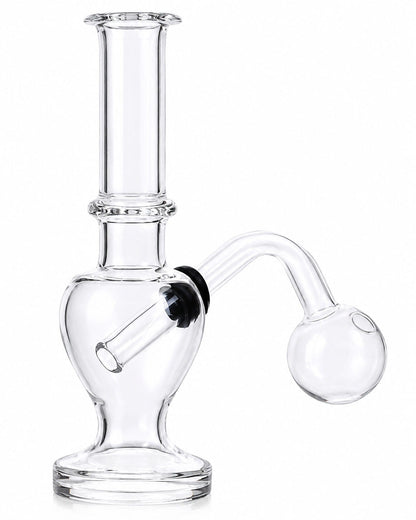 Clear glass water pipe with a straight neck, bulb-shaped base, and curved side arm ending in a bubble bowl, shown on a white background.