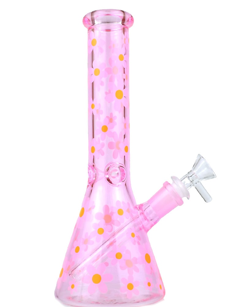 10-inch pink flower beaker bong with floral artwork