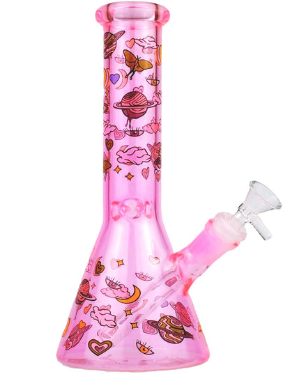 10 inch pink graphic beaker bong with heart and butterfly artwork