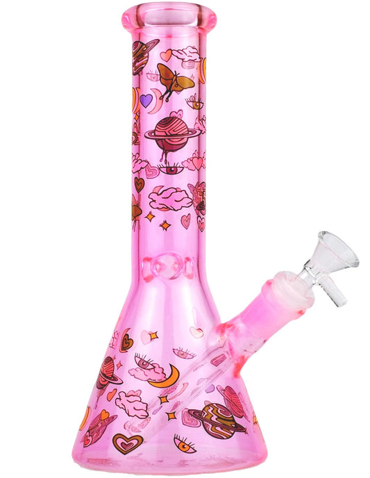 10" Pink Graphic Glass Water Pipe – Vibrant Design with Cosmic and Heart Motifs