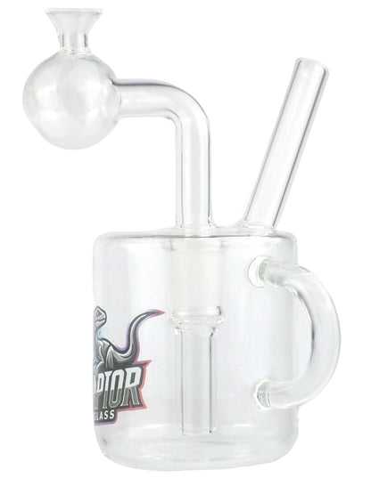 Clear glass mug with smoking apparatus and logo on a white background