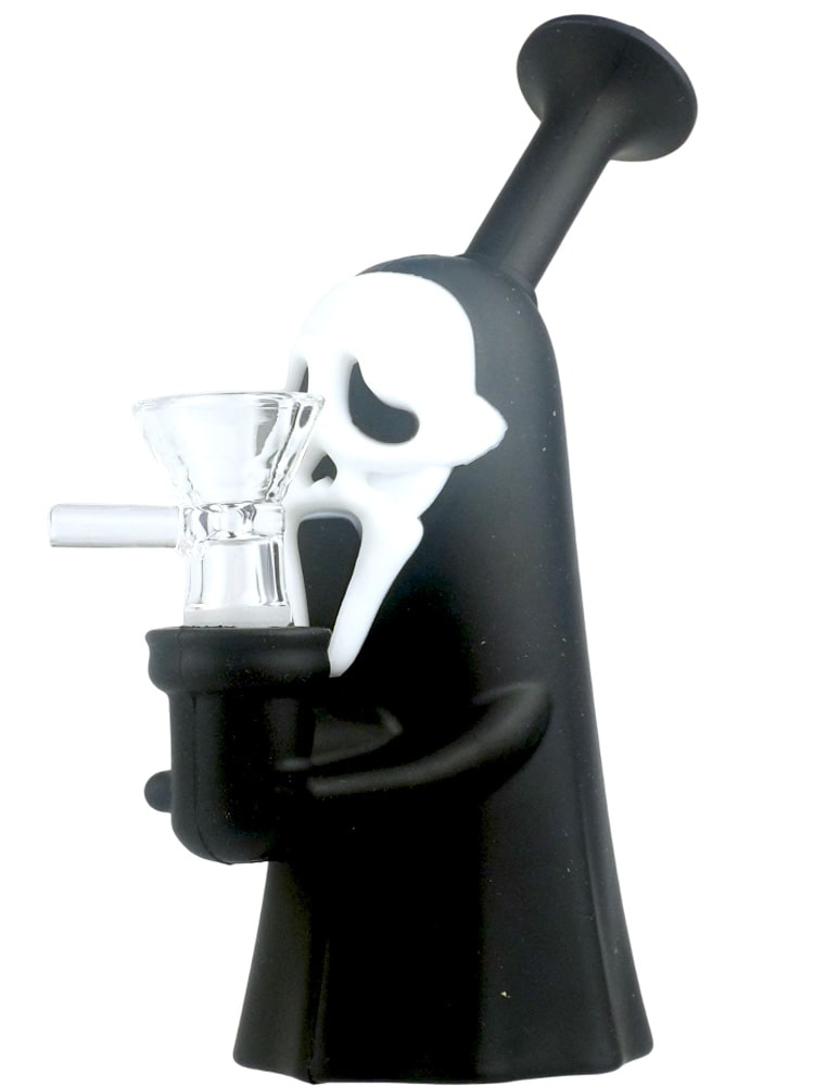 7-inch Grim Reaper silicone bubbler rig with skull design