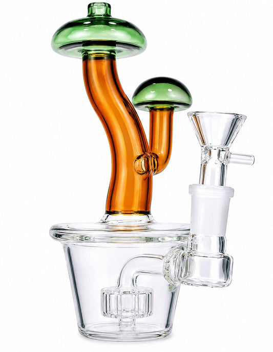 7-inch amber mushroom recycler bong with green glass details