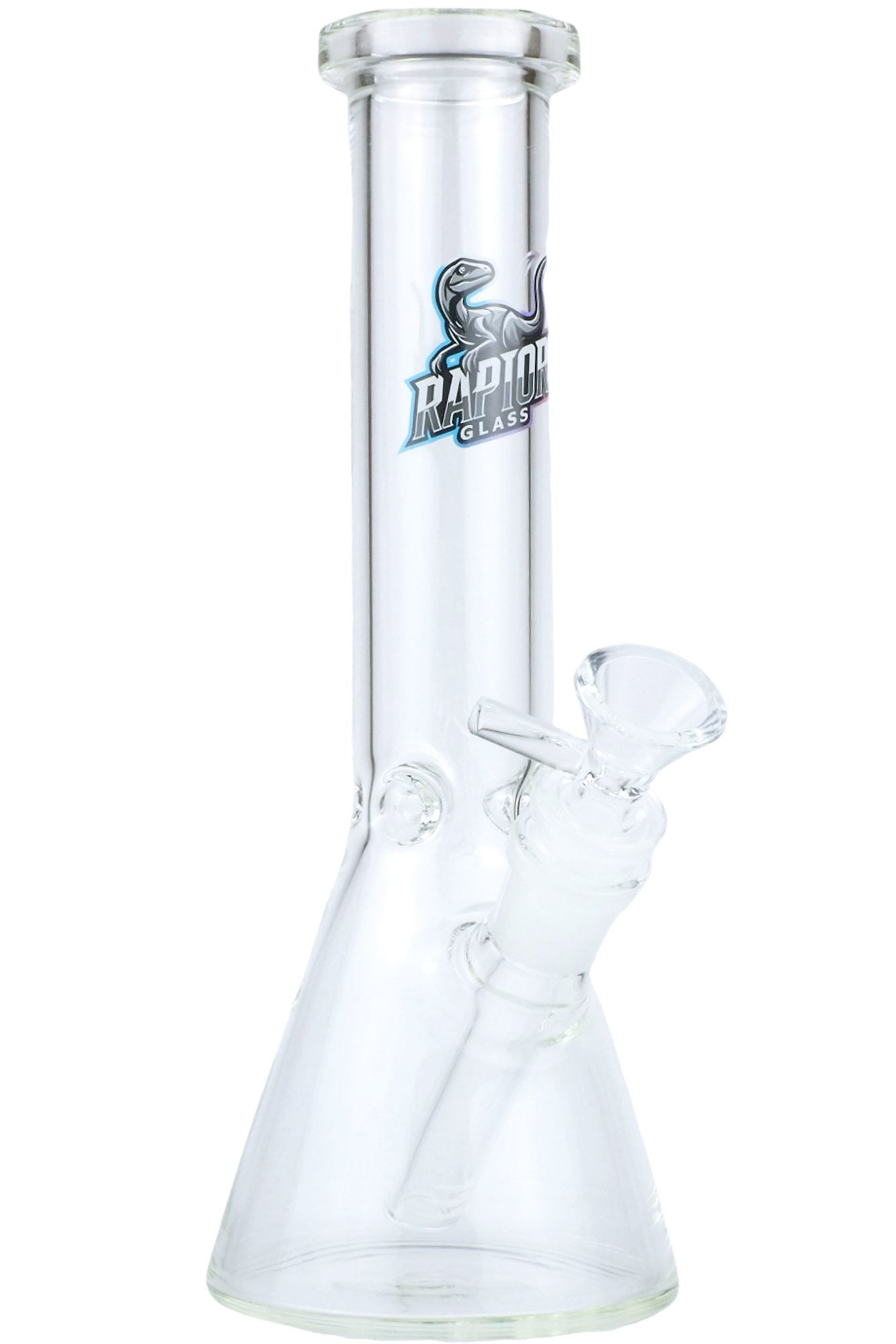 clear beaker glass bong front view with RaptorGlass logo