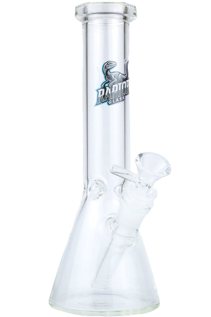 clear beaker glass bong front view with RaptorGlass logo