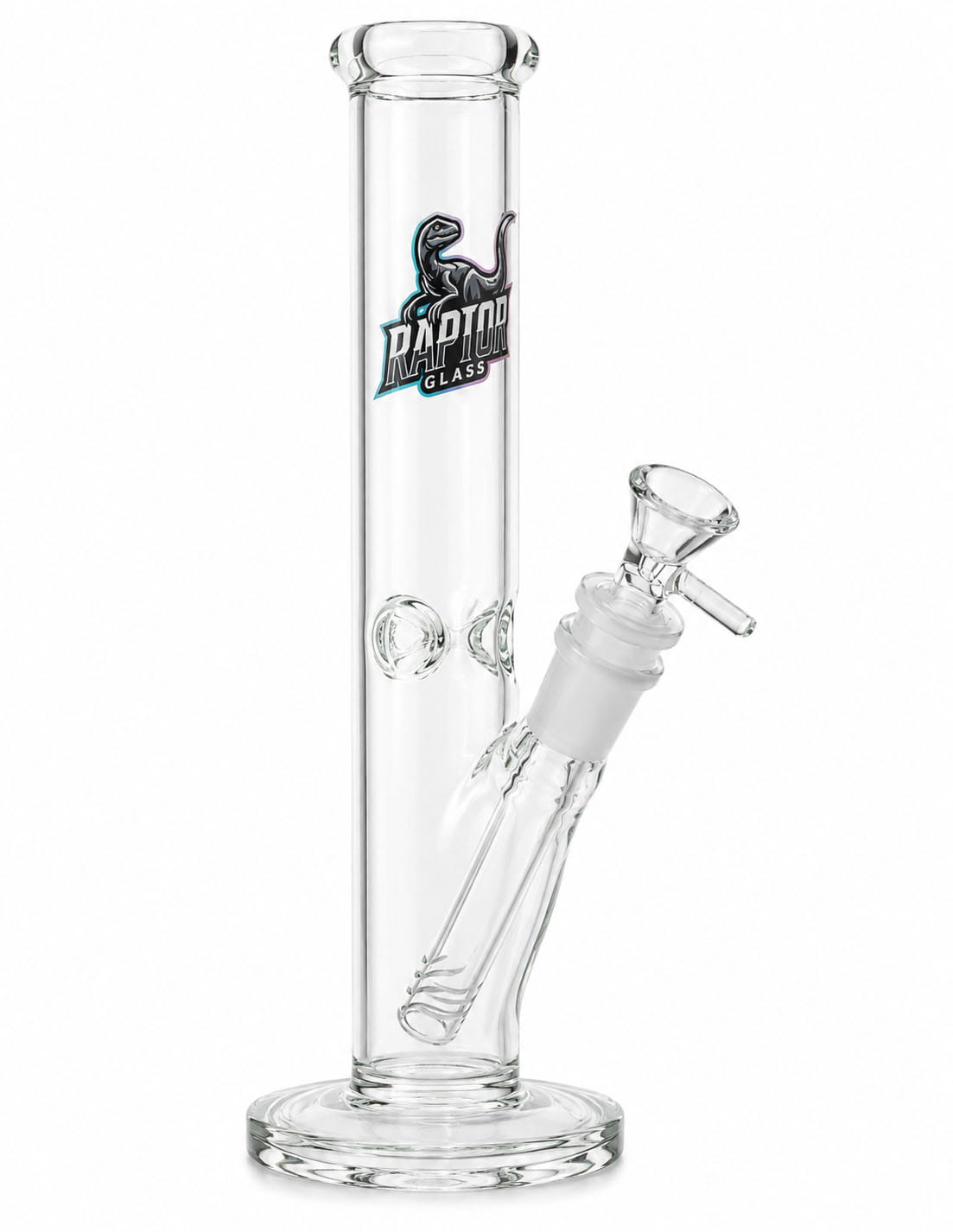 10-inch clear straight tube glass water pipe with RaptorGlass logo