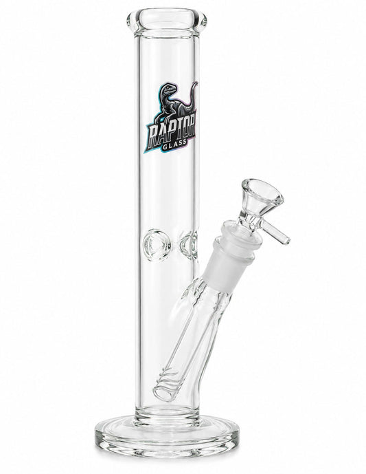 A clear glass water pipe with a cylindrical chamber, base, and angled neck piece, featuring a printed Dadjinn Glass logo on the side, set against a plain white background.