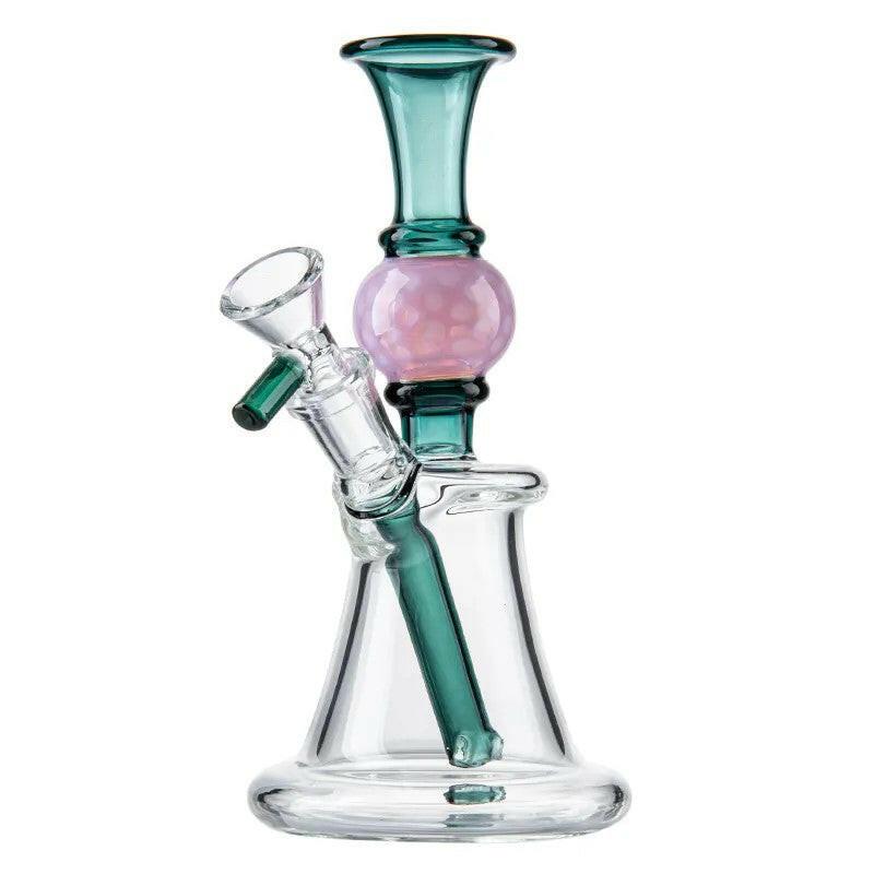 Built-in downstem detail on green and pink glass water pipe
