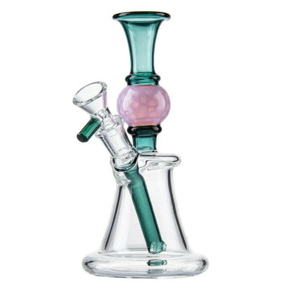 Built-in downstem detail on green and pink glass water pipe