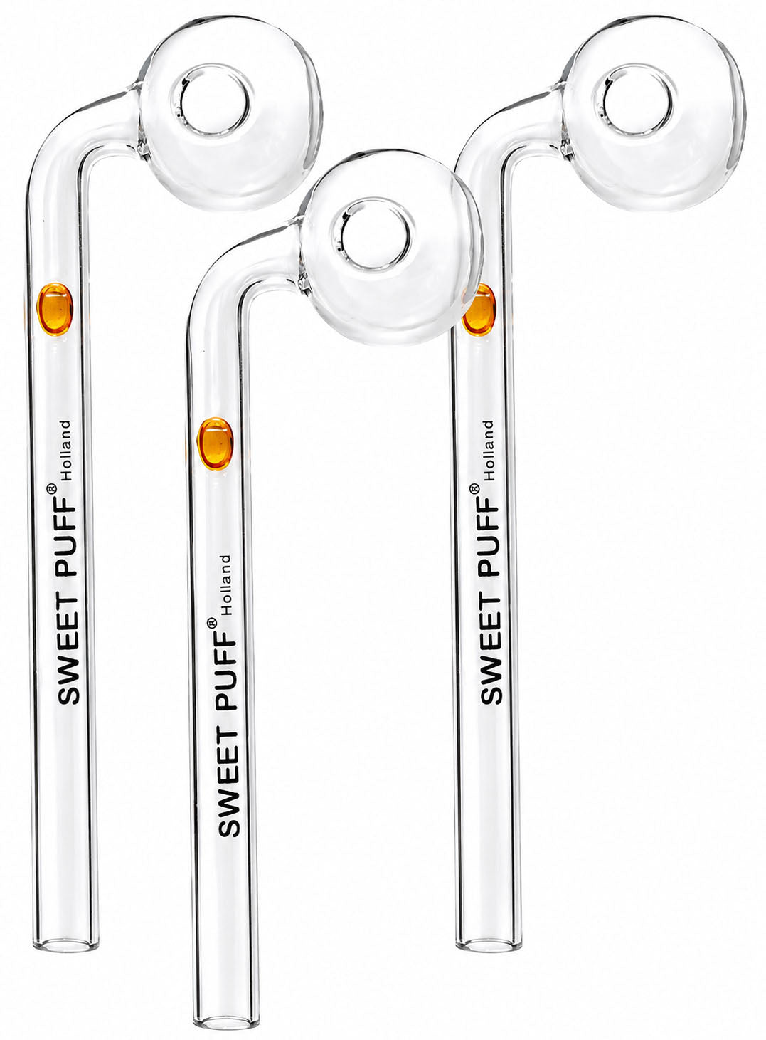 Three clear glass hookah pipes with curved stems and round bowls, each printed with the brand name 'SWEET PUFF Holland' and featuring a small amber accent near the bowl, shown on a white background.