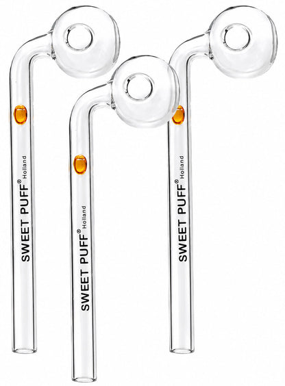 Three clear glass hookah pipes with curved stems and round bowls, each printed with the brand name 'SWEET PUFF Holland' and featuring a small amber accent near the bowl, shown on a white background.