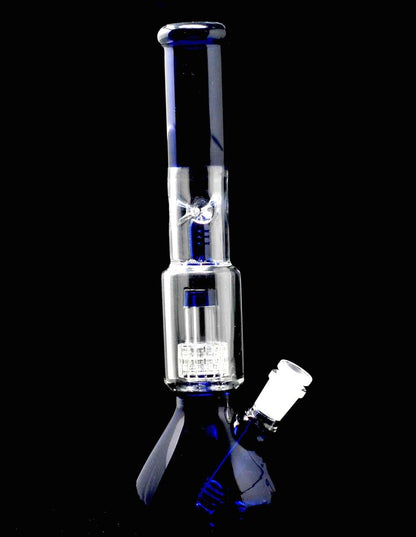 blue glass beaker bong with showerhead perc side view