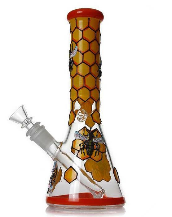 raised bee detail on honeycomb beaker bong