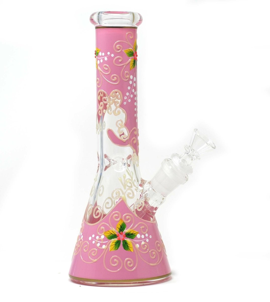 Glow flower design on pink glass beaker bong