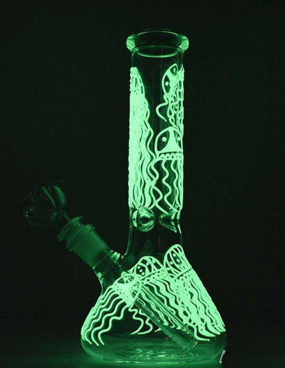Glow-in-the-dark jellyfish bong in low light