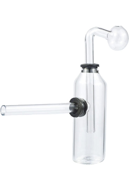 A small clear glass oil burner pipe with a vial tube shape and a water bubbler pipe attached.